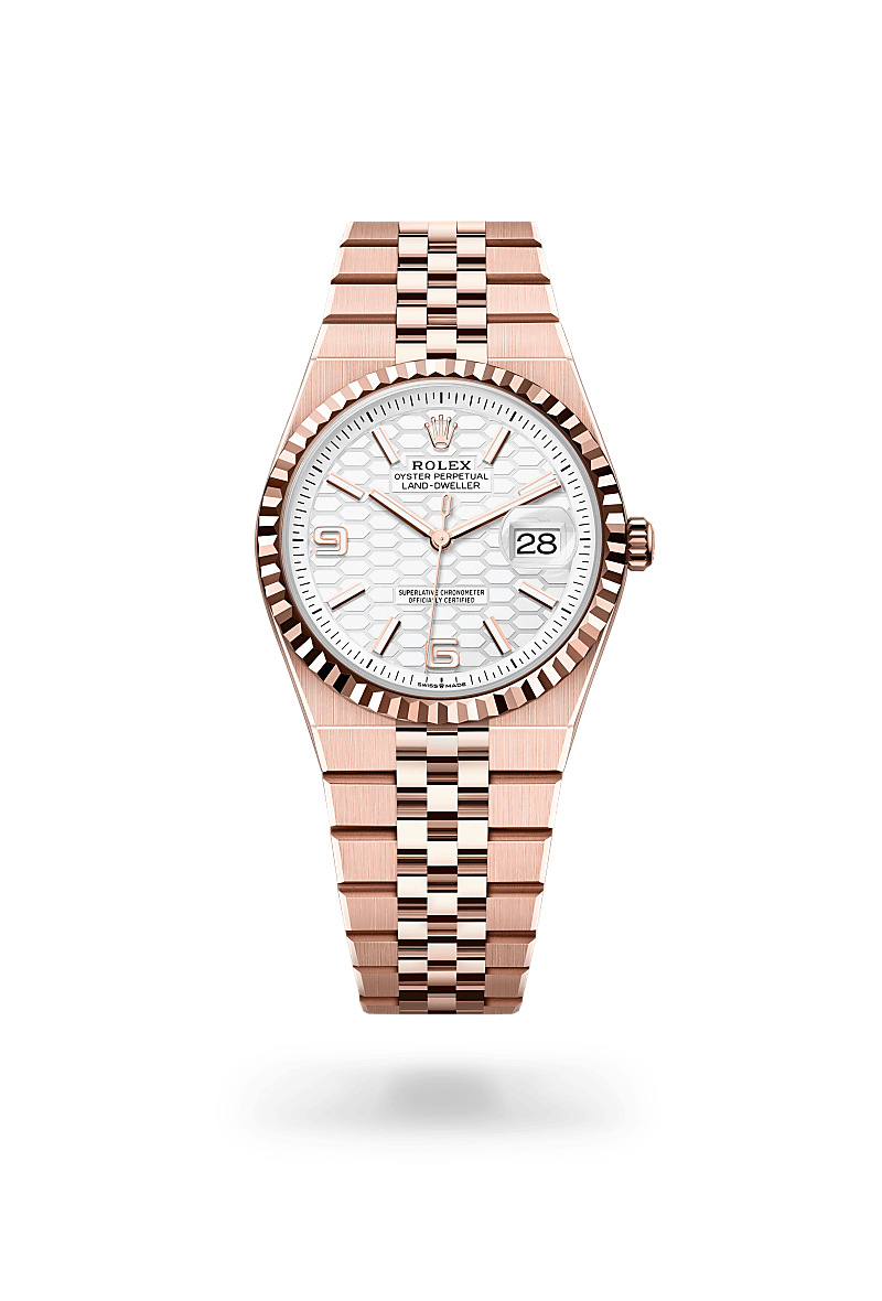 Rolex Land-Dweller 36 in Everose gold with an Intense white, honeycomb motif dial, Fluted bezel, and Oyster bracelet