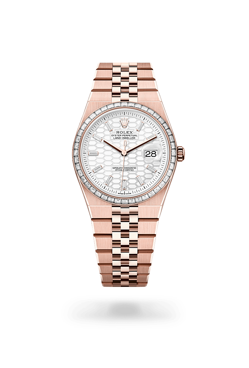 Rolex Land-Dweller 36 in Everose gold and diamonds with an Intense white, honeycomb motif set with diamonds dial, Set with diamonds bezel, and Oyster bracelet