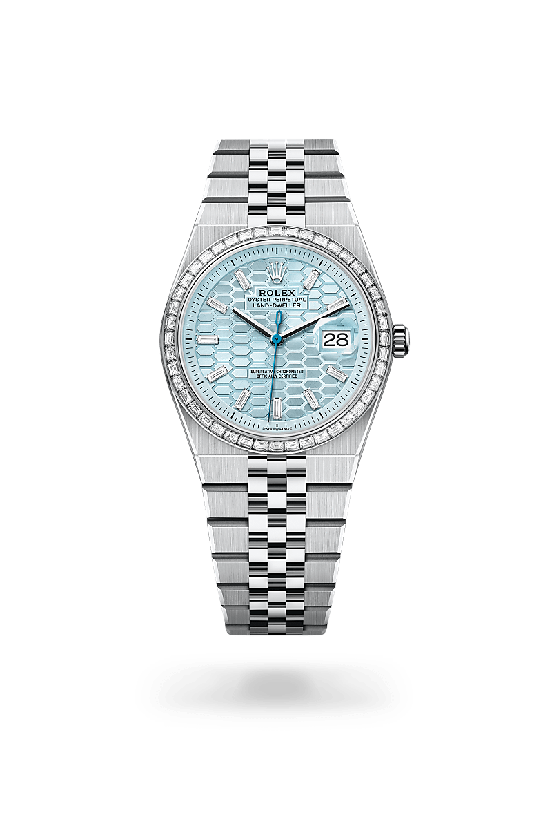 Rolex Land-Dweller 36 in platinum and diamonds with an Ice blue, honeycomb motif set with diamonds dial, Set with diamonds bezel, and Oyster bracelet