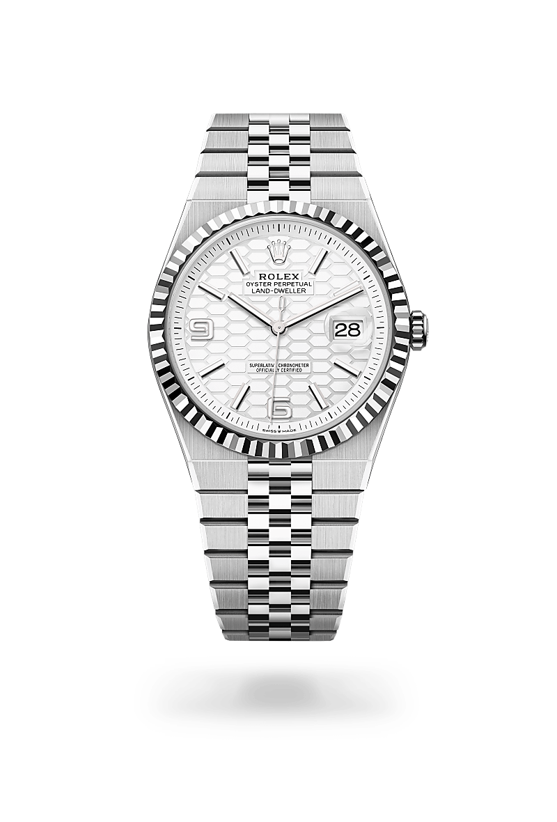 Rolex Land-Dweller 40 in Oystersteel and white gold with an Intense white, honeycomb motif dial, Fluted bezel, and Oyster bracelet