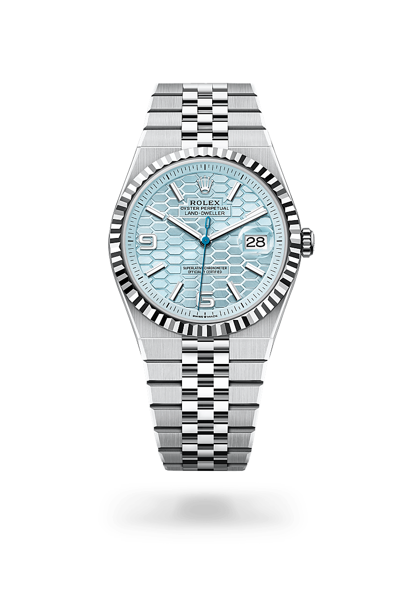 Rolex Land-Dweller 40 in platinum with an Ice blue, honeycomb motif dial, Fluted bezel, and Oyster bracelet