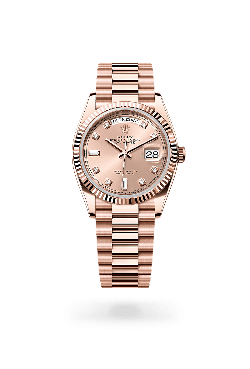 Rolex Day-Date 36 in Everose gold with an Rosé-colour dial, Fluted bezel, and Oyster bracelet