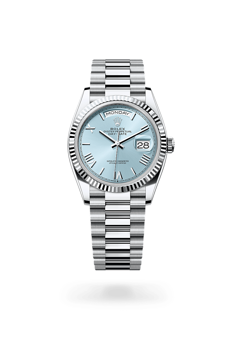 Rolex Day-Date 36 in platinum</p> with an Ice blue dial, Fluted bezel, and <p>Oyster bracelet