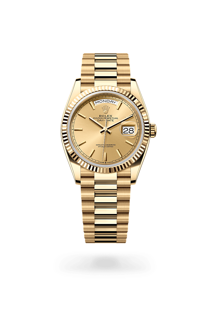 Rolex Day-Date 36 in yellow gold with an Champagne-colour dial, Fluted bezel, and Oyster bracelet