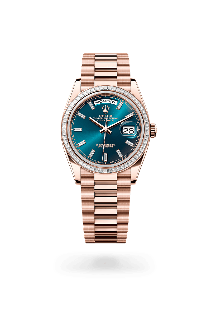 Rolex Day-Date 36 in Everose gold and diamonds</p> with an Blue-green set with diamonds dial, Set with diamonds bezel, and <p>Oyster bracelet