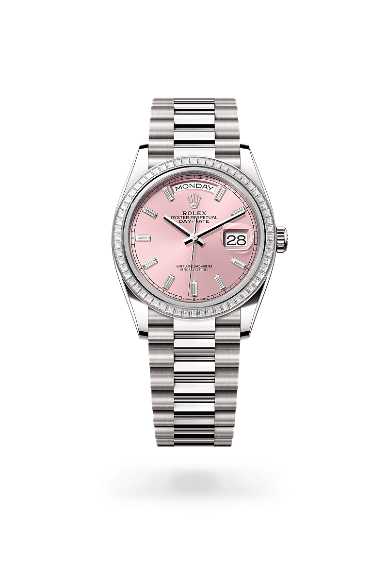 Rolex Day-Date 36 in white gold and diamonds with an Pink set with diamonds dial, Set with diamonds bezel, and Oyster bracelet