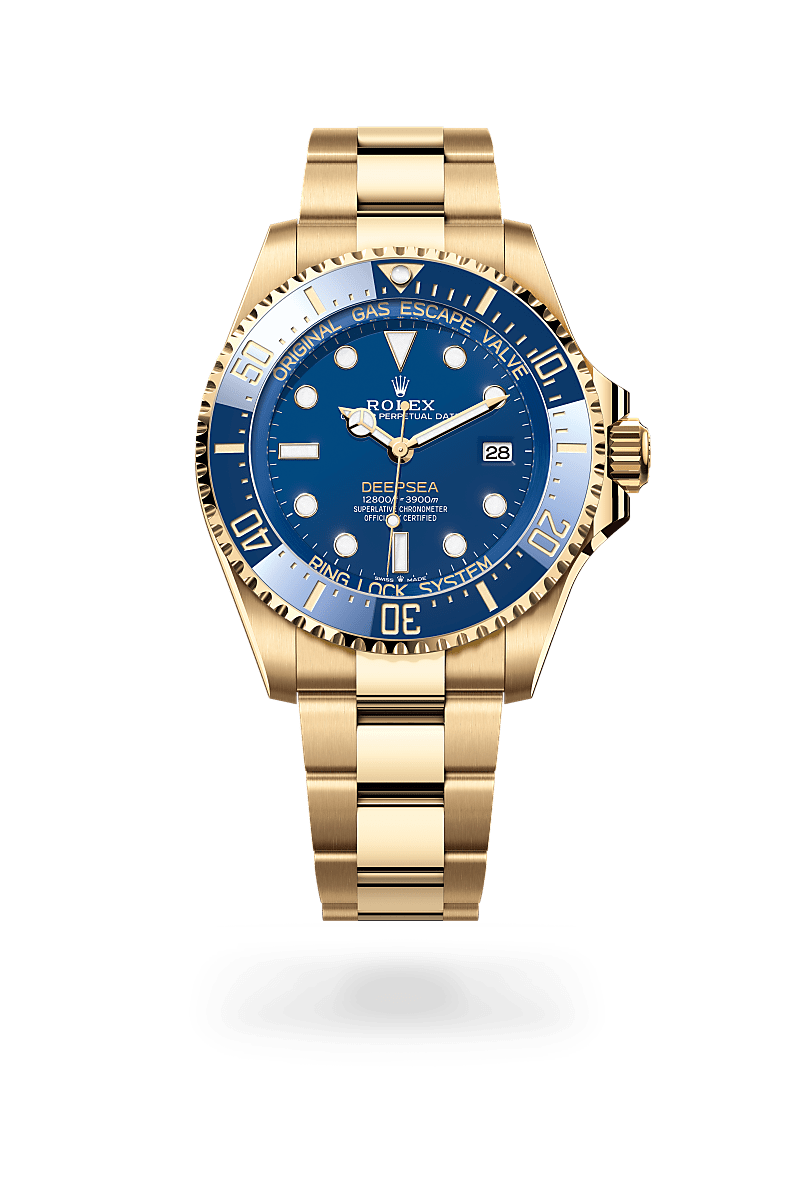 Rolex Rolex Deepsea in yellow gold with an Blue dial, Unidirectional rotatable 60-minute graduated, scratch-resistant Cerachrom insert in blue ceramic, numerals and graduations coated in gold bezel, and Oyster bracelet