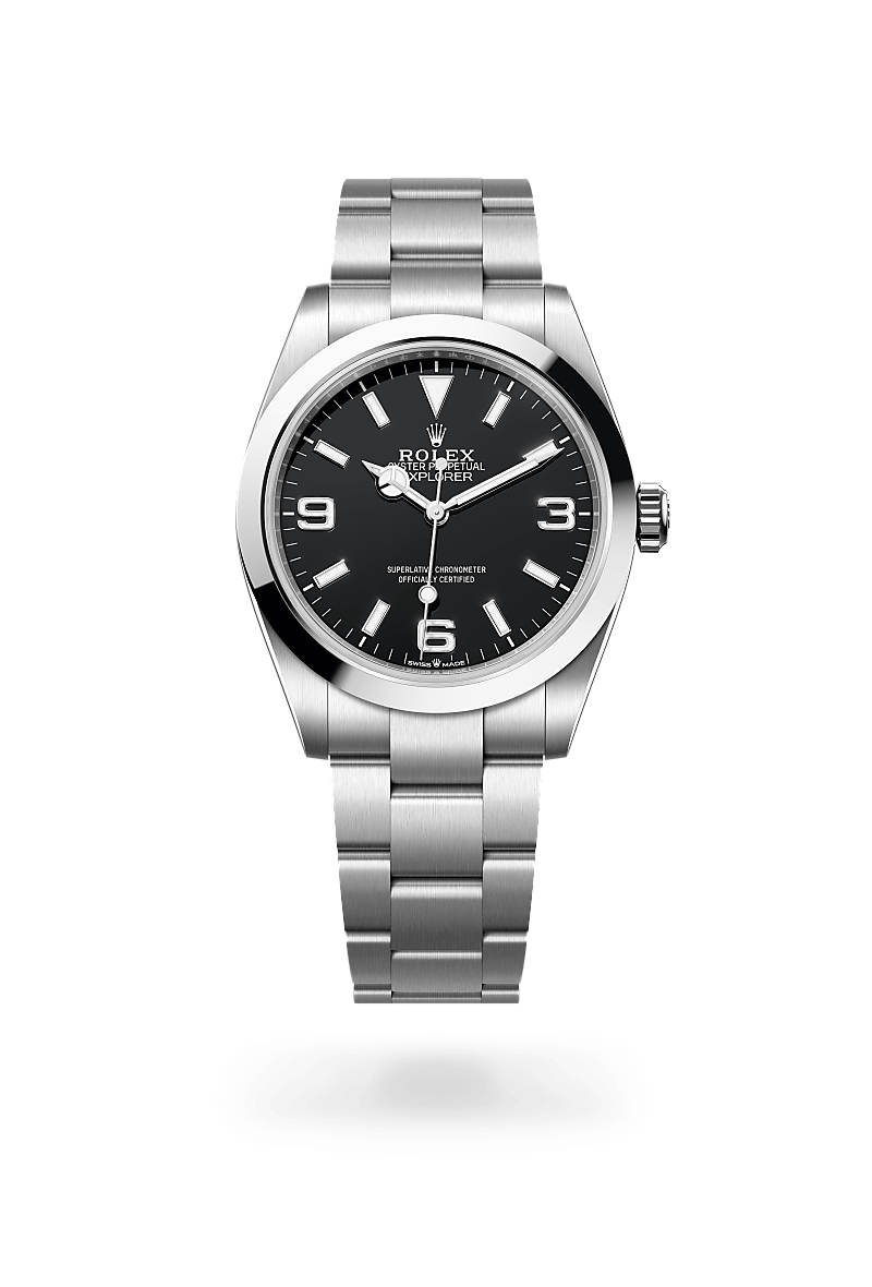 Rolex Explorer 40 in Oystersteel with an Black dial, Smooth bezel, and Oyster bracelet