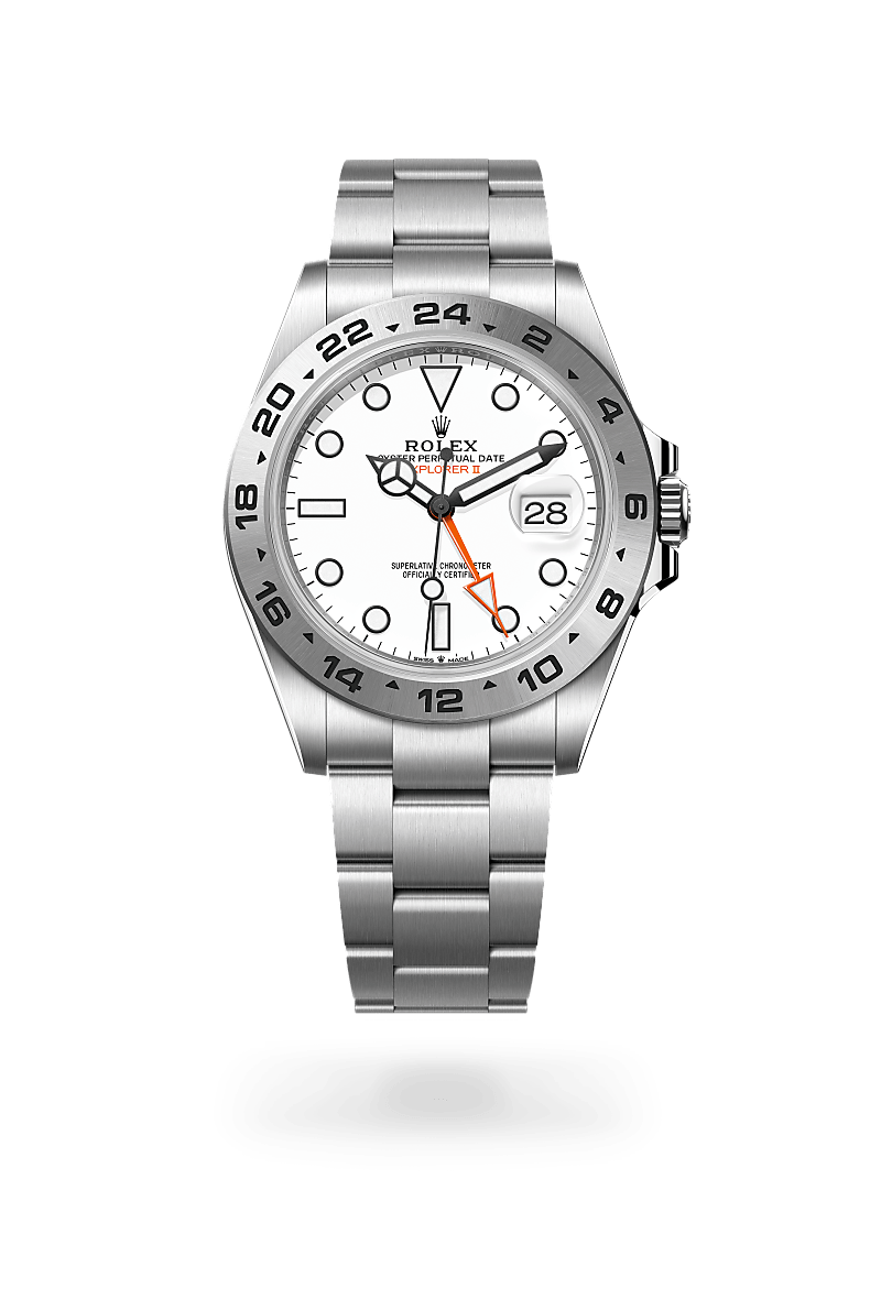 Rolex Explorer II in Oystersteel with an White dial, Fixed, 24-hour graduated bezel, and Oyster bracelet