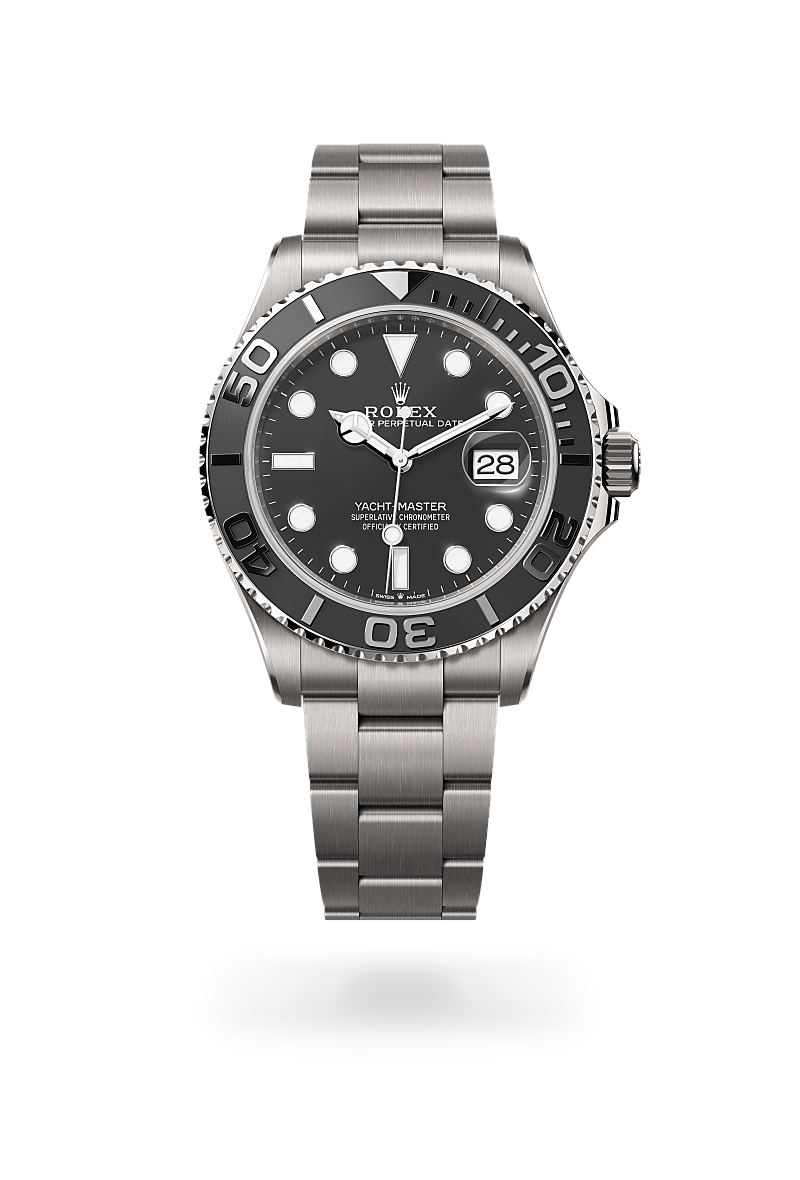 Rolex Yacht-Master 42 in RLX titanium with an Intense black dial, Bidirectional rotatable 60-minute graduated bezel with matt black Cerachrom insert in ceramic, polished raised numerals and graduations bezel, and Oyster bracelet