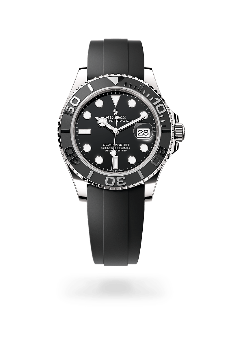 Rolex Yacht-Master 42 in white gold with an Black dial, Bidirectional rotatable 60-minute graduated bezel with matt black Cerachrom insert in ceramic, polished raised numerals and graduations bezel, and Oyster bracelet
