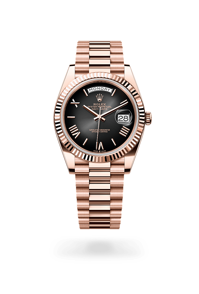 Rolex Day-Date 40 in Everose gold with an Slate ombré dial, Fluted bezel, and Oyster bracelet