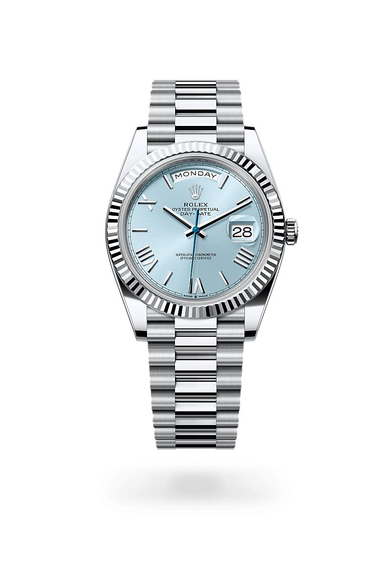 Rolex Day-Date 40 in platinum with an Ice blue dial, Fluted bezel, and Oyster bracelet