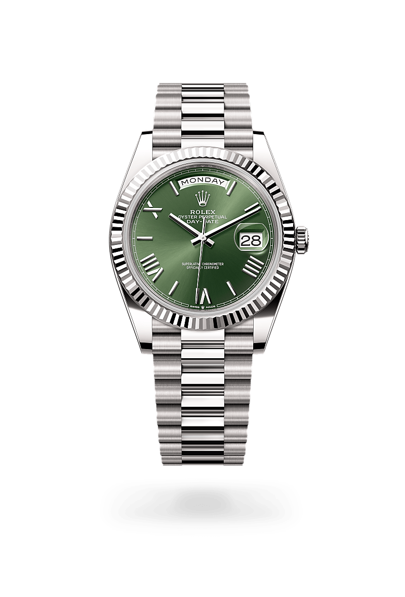Rolex Day-Date 40 in white gold with an Olive green dial, Fluted bezel, and Oyster bracelet
