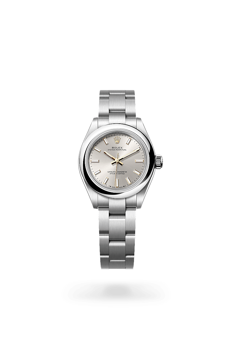 Rolex Oyster Perpetual 28 in Oystersteel with an Silver dial, Domed bezel, and Oyster bracelet