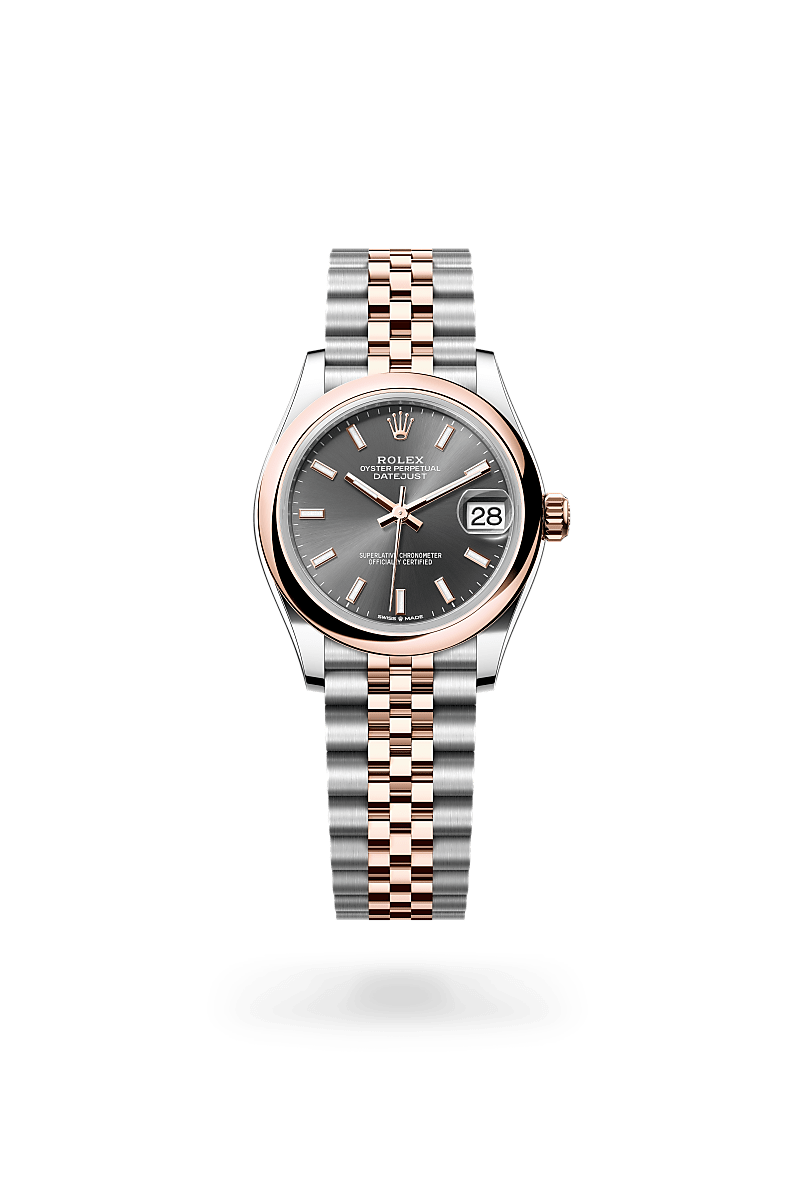 Rolex Datejust 31 in Oystersteel and Everose gold with an Slate dial, Domed bezel, and Oyster bracelet