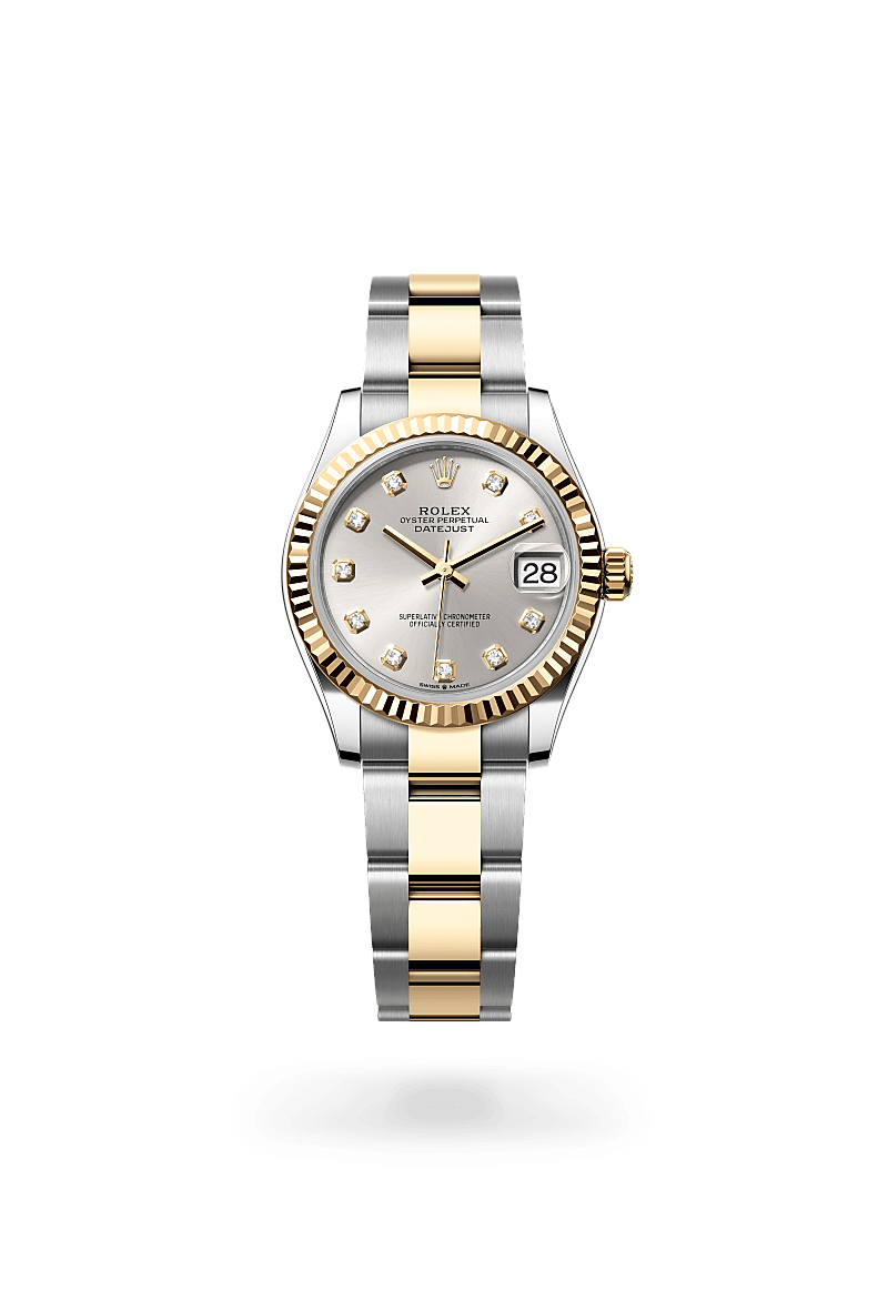 Rolex Datejust 31 in Oystersteel and yellow gold with an Silver set with diamonds dial, Fluted bezel, and Oyster bracelet