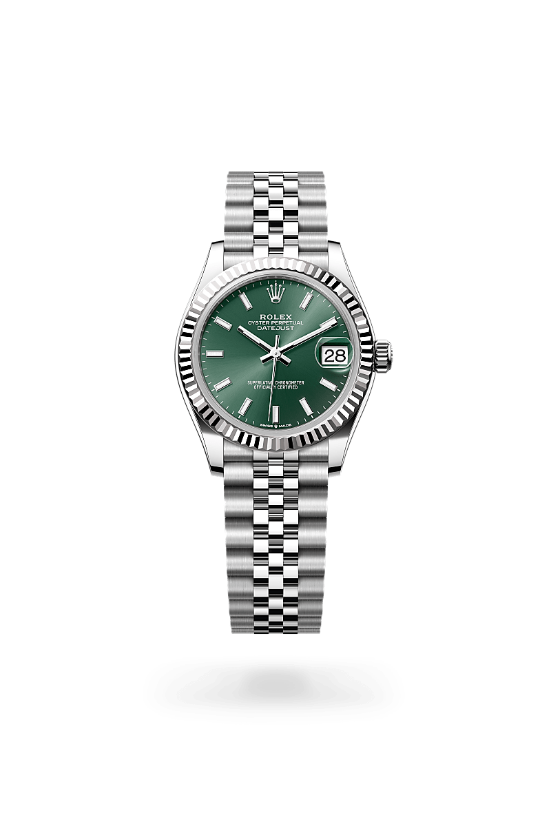 Rolex Datejust 31 in Oystersteel and white gold with an Mint green dial, Fluted bezel, and Oyster bracelet