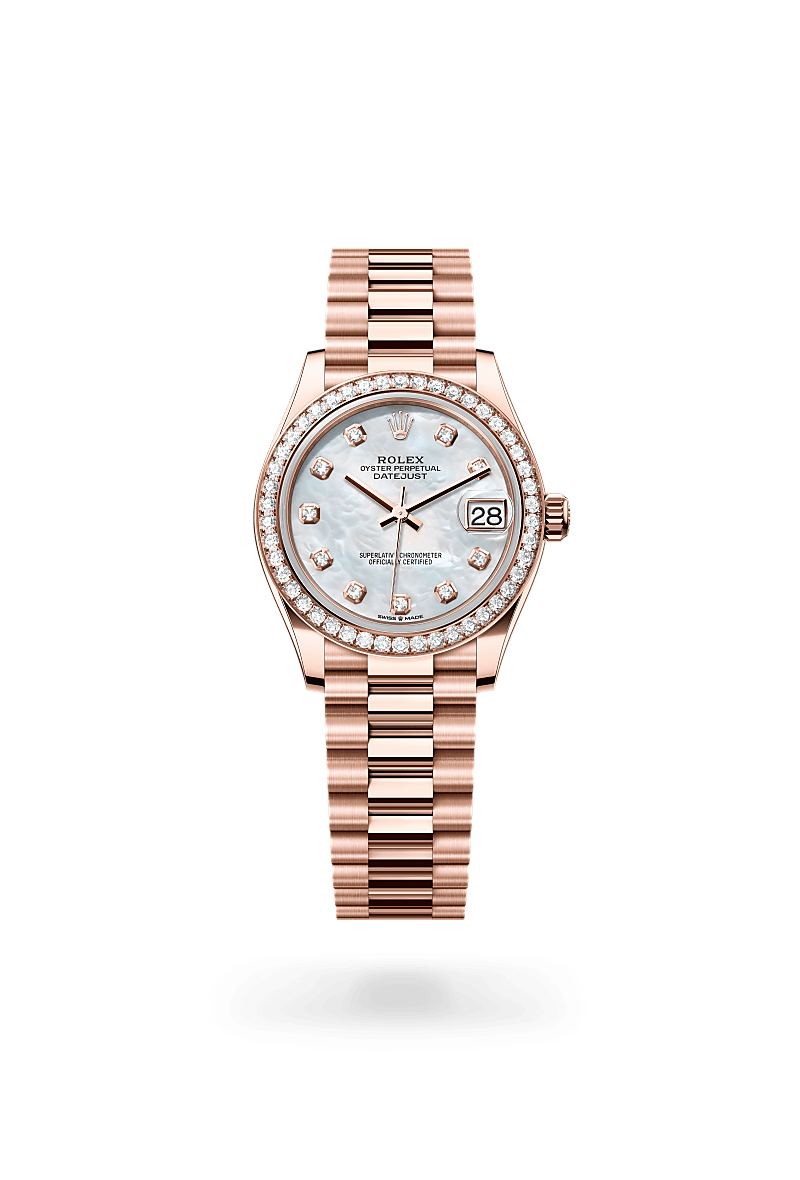 Rolex Datejust 31 in Everose gold and diamonds with an White mother-of-pearl set with diamonds dial, Set with diamonds bezel, and Oyster bracelet