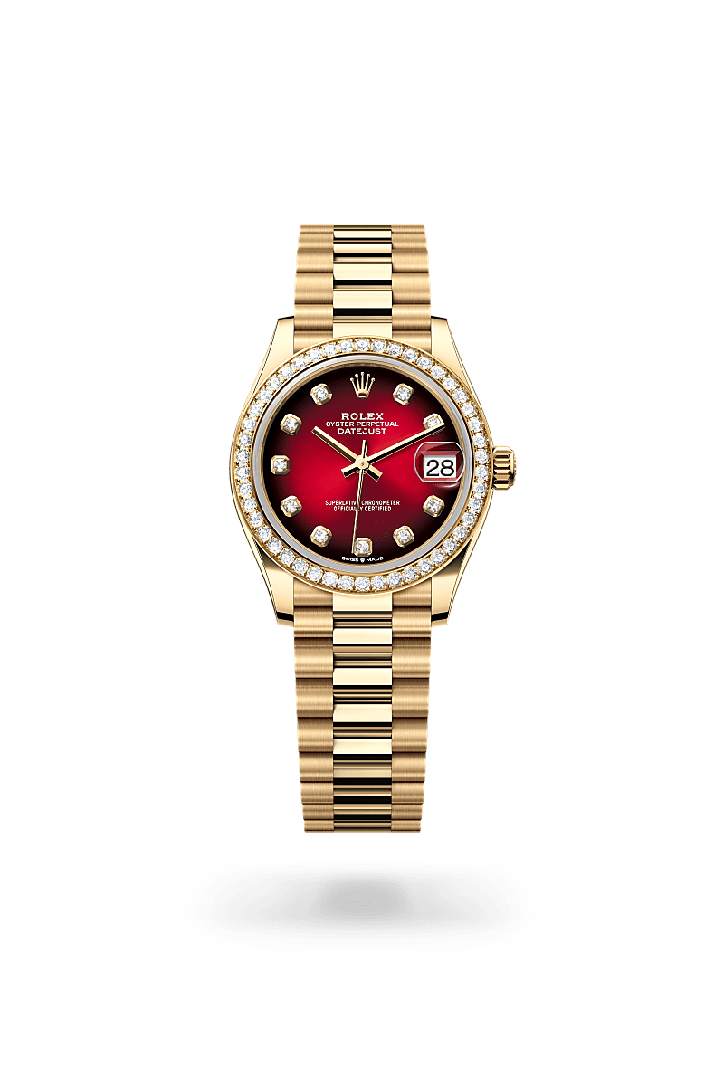 Rolex Datejust 31 in yellow gold and diamonds with an Red ombré set with diamonds dial, Set with diamonds bezel, and Oyster bracelet