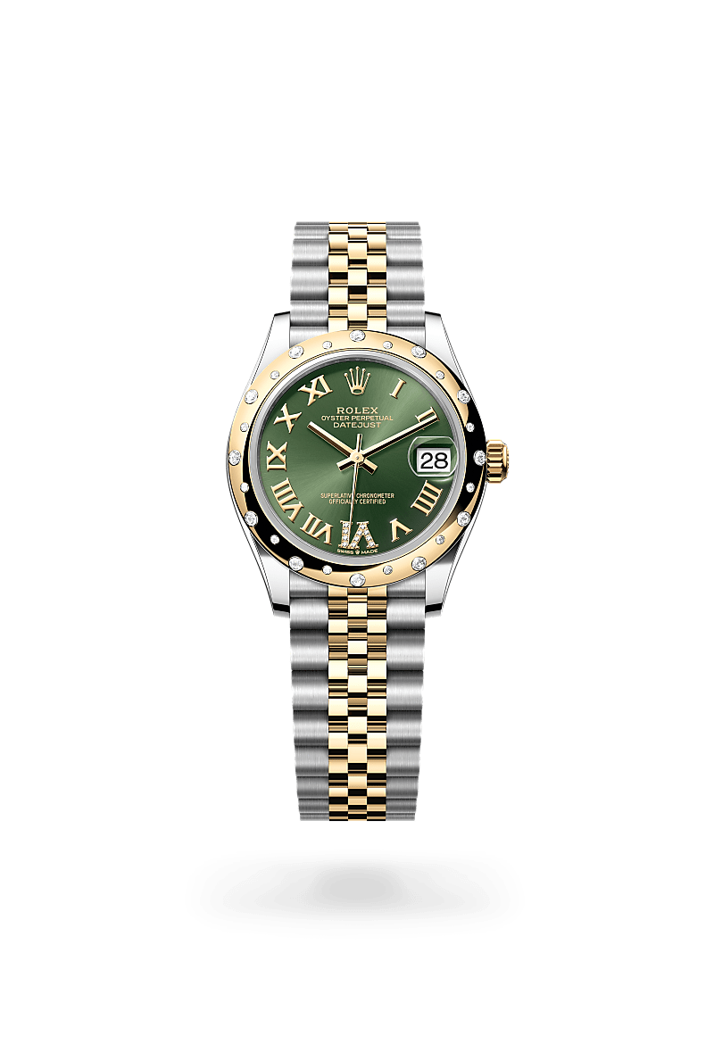 Rolex Datejust 31 in yellow gold and diamonds with an Olive green set with diamonds dial, Domed, set with diamonds bezel, and Oyster bracelet