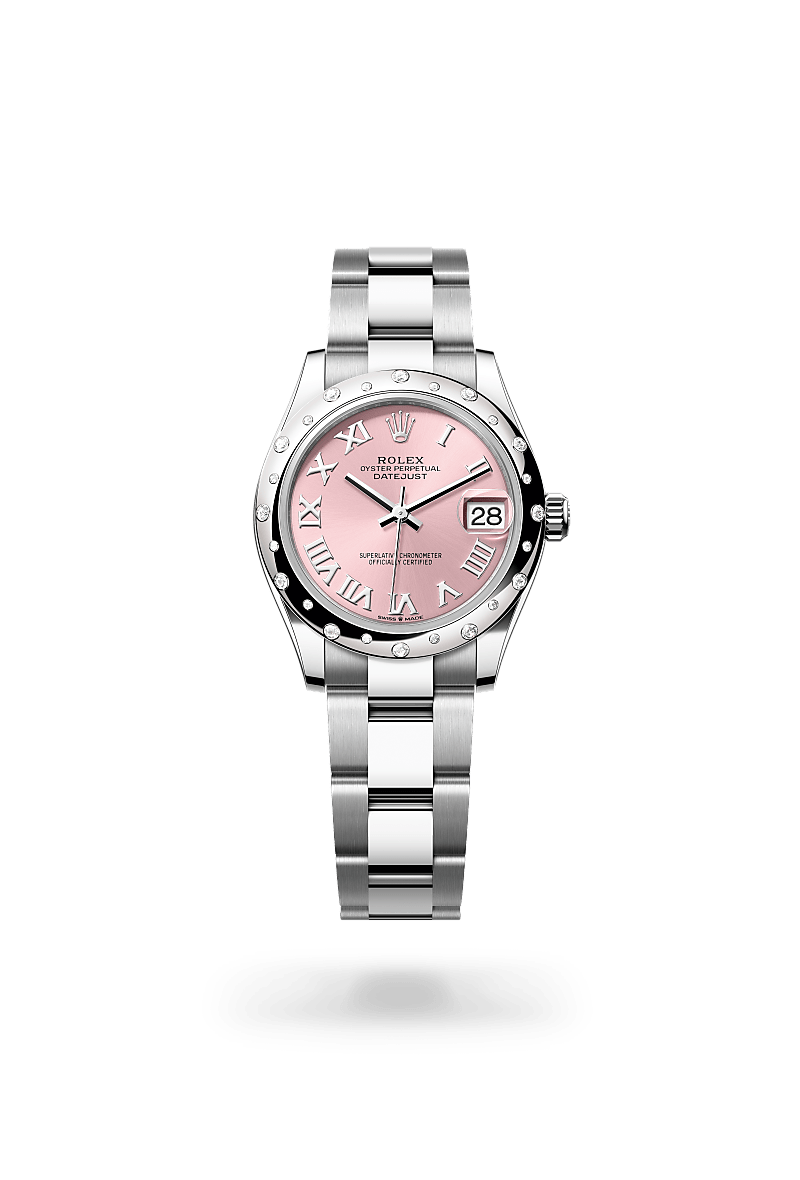 Rolex Datejust 31 in white gold and diamonds with an Pink dial, Domed, set with diamonds bezel, and Oyster bracelet