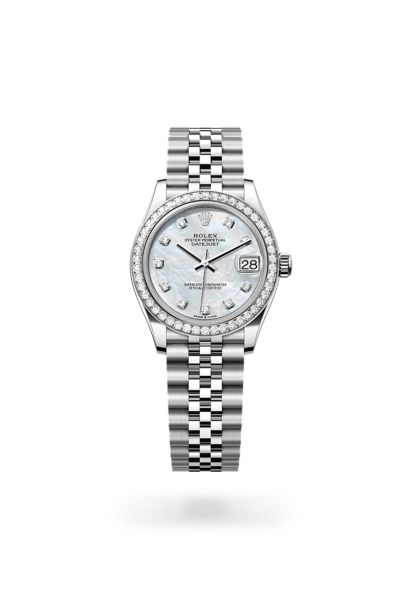Rolex Datejust 31 in white gold and diamonds with an White mother-of-pearl set with diamonds dial, Set with diamonds bezel, and Oyster bracelet
