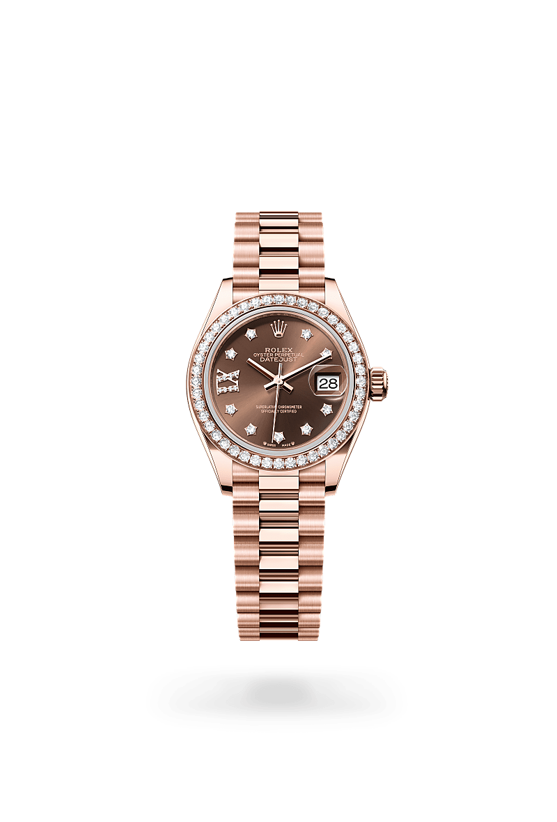 Rolex Lady-Datejust in Everose gold and diamonds with an Chocolate set with diamonds dial, Set with diamonds bezel, and Oyster bracelet