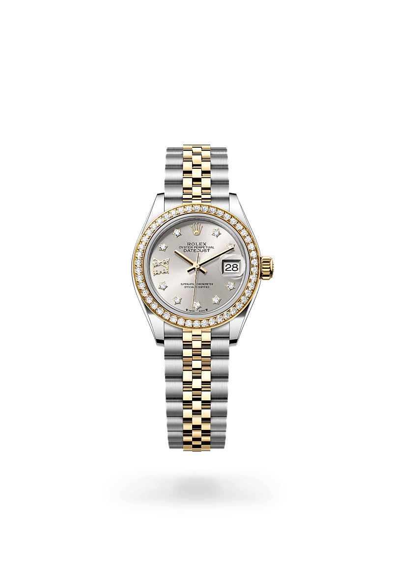 Rolex Lady-Datejust in yellow gold and diamonds with an Silver set with diamonds dial, Set with diamonds bezel, and Oyster bracelet