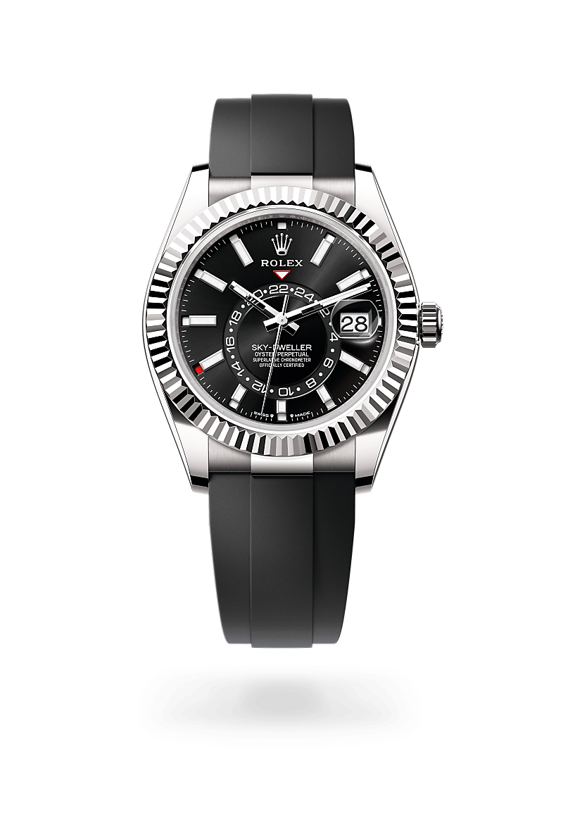 Rolex Sky-Dweller in white gold with an Bright black dial, Fluted, bidirectional rotatable Rolex Ring Command bezel, and Oyster bracelet