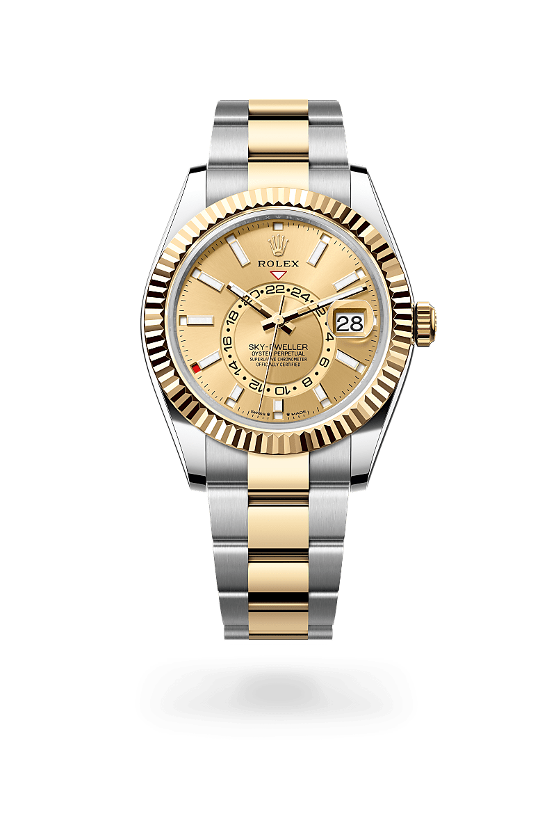 Rolex Sky-Dweller in Oystersteel and yellow gold with an Champagne-colour dial, Fluted, bidirectional rotatable Rolex Ring Command bezel, and Oyster bracelet