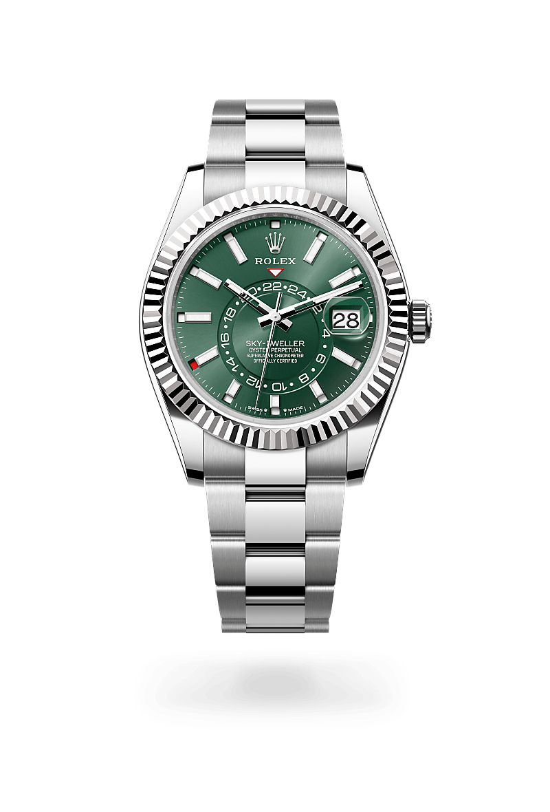 Rolex Sky-Dweller in Oystersteel and white gold with an Mint green dial, Fluted, bidirectional rotatable Rolex Ring Command bezel, and Oyster bracelet