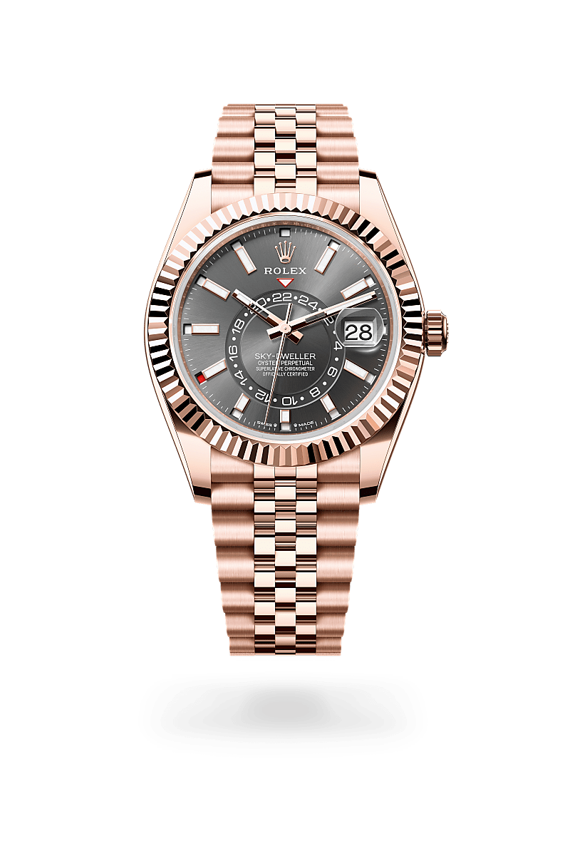 Rolex Sky-Dweller in Everose gold with an Slate dial, Fluted, bidirectional rotatable Rolex Ring Command bezel, and Oyster bracelet