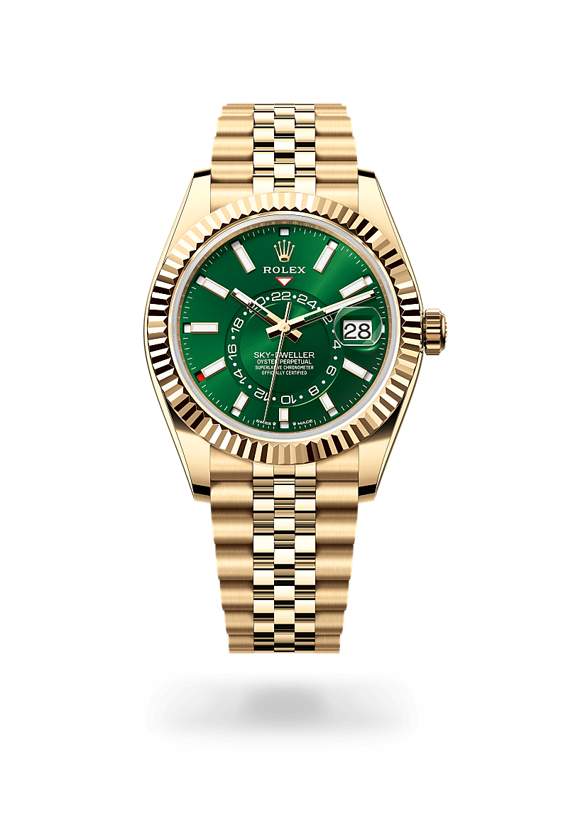 Rolex Sky-Dweller in yellow gold with an Bright green dial, Fluted, bidirectional rotatable Rolex Ring Command bezel, and Oyster bracelet