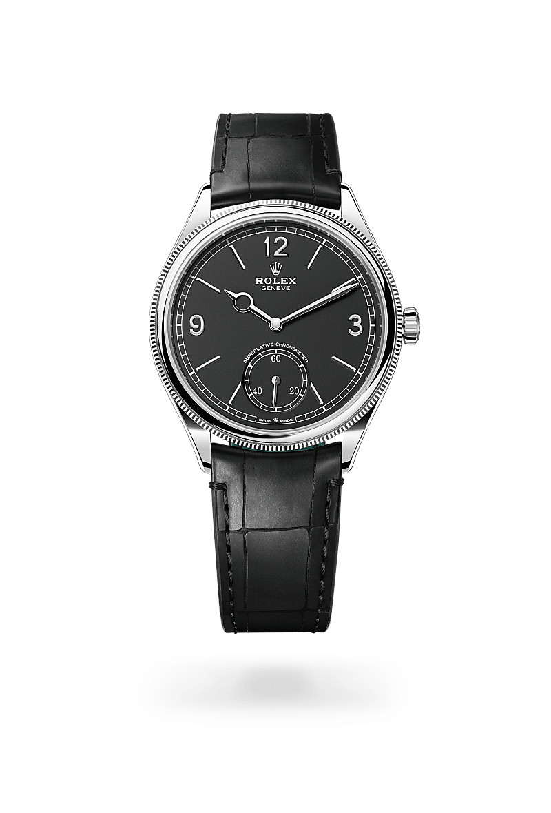 Rolex 1908 in polished finish with an Intense black dial, Domed and fluted bezel, and 39 mm bracelet