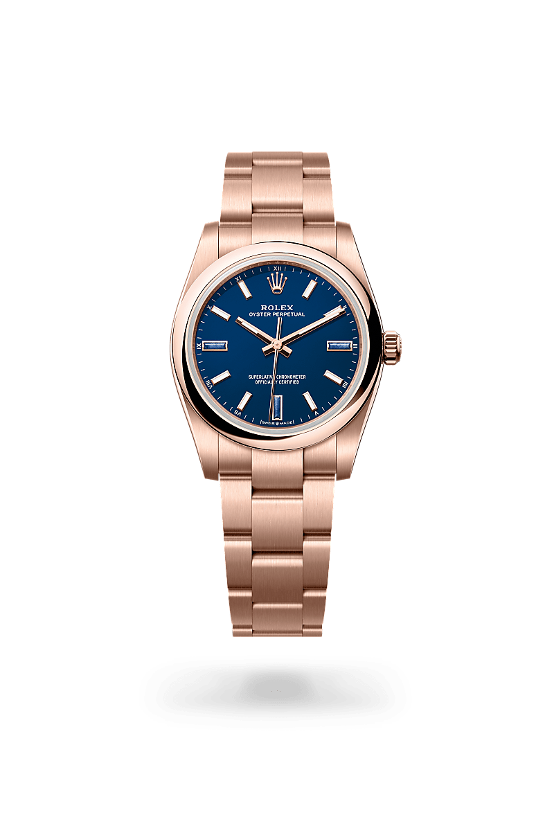 Rolex Oyster Perpetual 34 in Everose gold with an Blue stone dial, Domed bezel, and Oyster bracelet