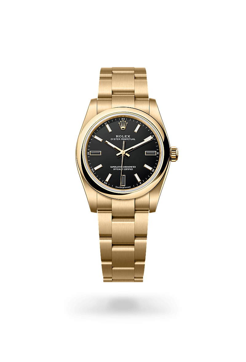 Rolex Oyster Perpetual 34 in yellow gold with an Black dial, Domed bezel, and Oyster bracelet