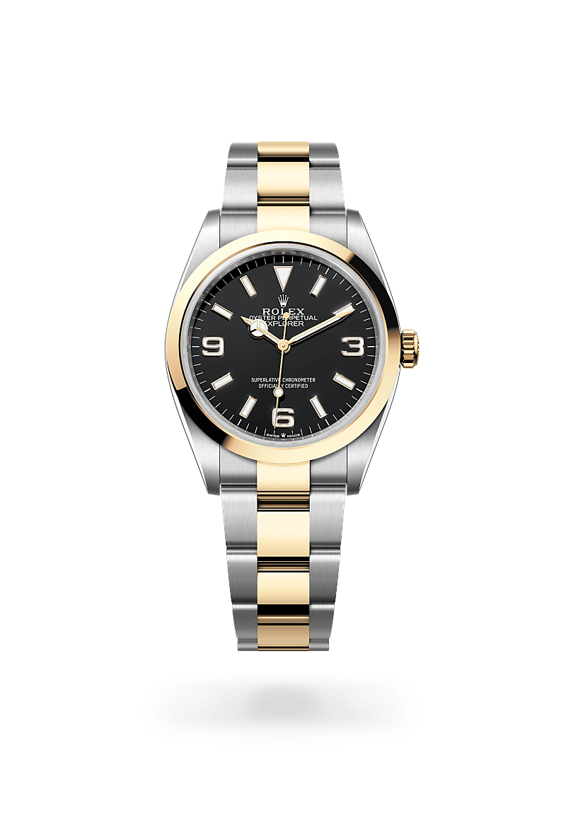 Rolex Explorer 36 in Oystersteel and yellow gold with an Black dial, Smooth bezel, and Oyster bracelet