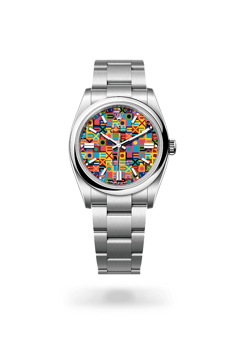 Rolex Oyster Perpetual 36 in Oystersteel with an Multicoloured, Jubilee motif dial, Domed bezel, and Oyster bracelet