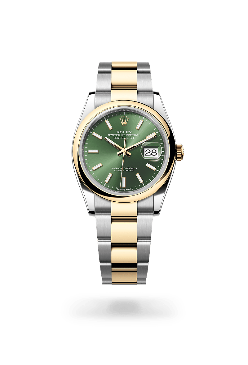 Rolex Datejust 36 in Oystersteel and yellow gold with an Olive green dial, Domed bezel, and Oyster bracelet
