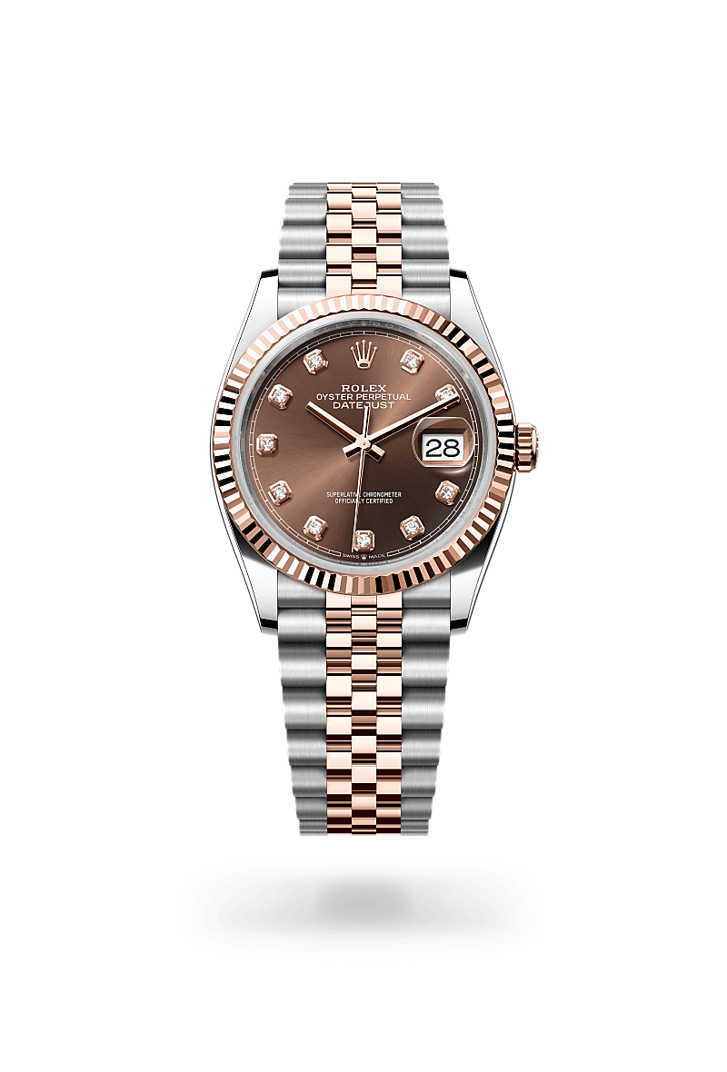 Rolex Datejust 36 in Oystersteel and Everose gold with an Chocolate set with diamonds dial, Fluted bezel, and Oyster bracelet