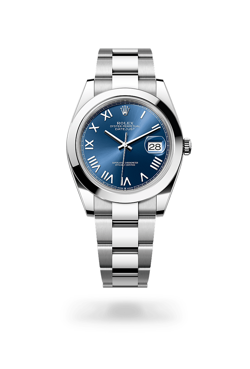 Rolex Datejust 41 in Oystersteel with an Bright blue dial, Smooth bezel, and Oyster bracelet