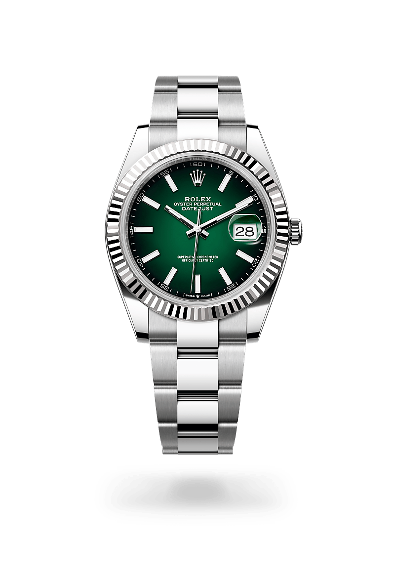 Rolex Datejust 41 in Oystersteel and white gold with an Green ombré dial, Fluted bezel, and Oyster bracelet