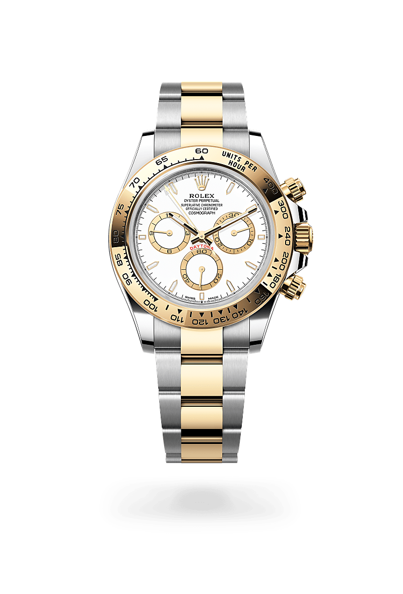Rolex Cosmograph Daytona in Oystersteel and yellow gold with an White, golden counter rings dial, Fixed, with engraved tachymetric scale, in yellow gold bezel, and Oyster bracelet