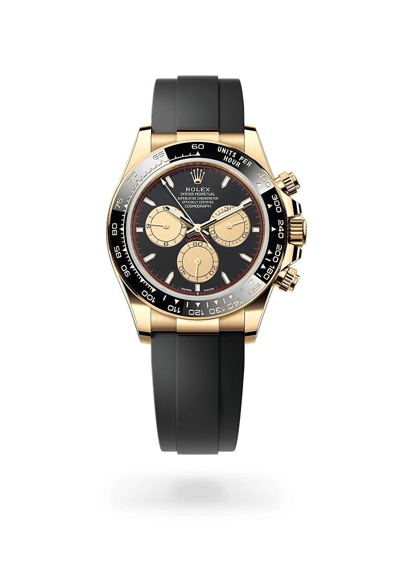 Rolex Cosmograph Daytona in yellow gold with an Intense black and champagne-colour dial, Black monobloc Cerachrom bezel in ceramic with moulded tachymetric scale bezel, and Oyster bracelet