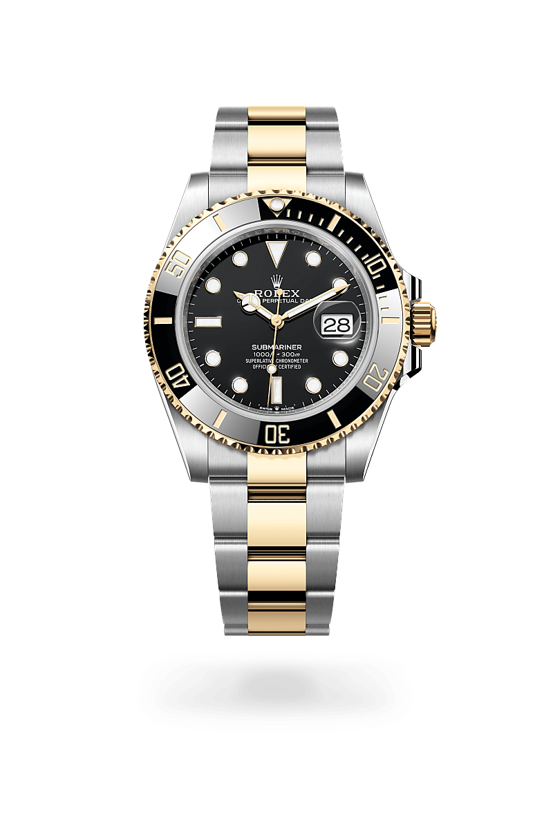Rolex Submariner Date in Oystersteel and yellow gold with an Black dial, Unidirectional rotatable 60-minute graduated, scratch-resistant Cerachrom insert in black ceramic, numerals and graduations coated in gold bezel, and Oyster bracelet