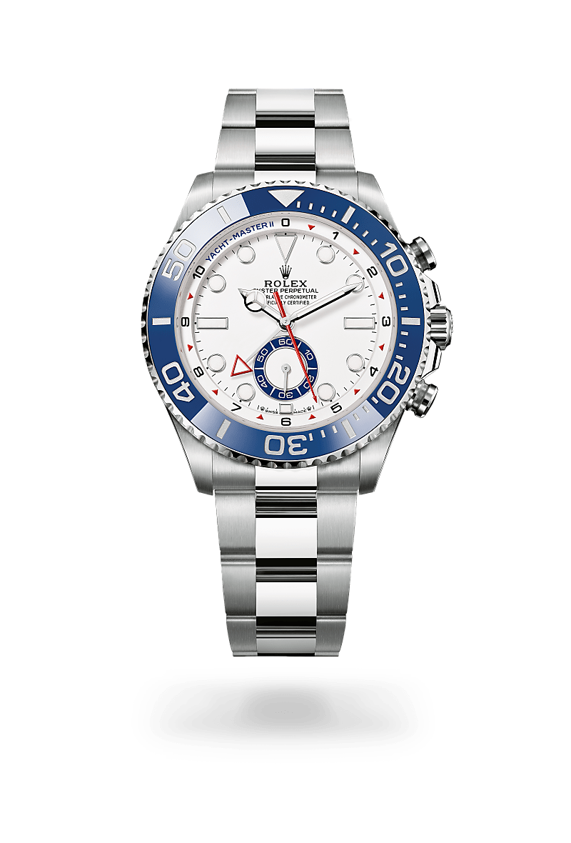 Rolex Yacht-Master II in Oystersteel with an White dial, Bidirectional rotatable 60-minute graduated bezel with blue Cerachrom insert in ceramic. Moulded, recessed graduations and numerals coated with platinum bezel, and Oyster bracelet