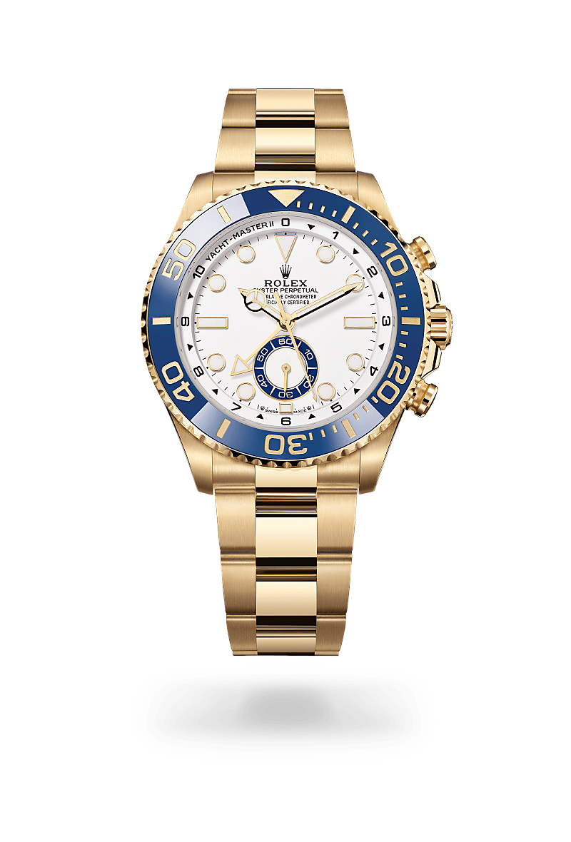 Rolex Yacht-Master II in yellow gold with an White dial, Bidirectional rotatable 60-minute graduated bezel with blue Cerachrom insert in ceramic. Moulded, recessed graduations and numerals coated with gold bezel, and Oyster bracelet