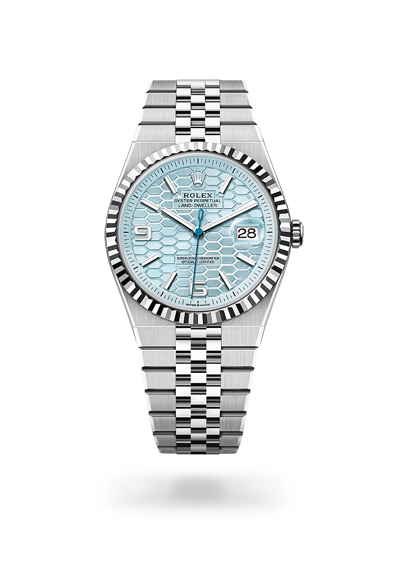 Rolex Land-Dweller 40 in platinum with an Ice blue, honeycomb motif dial, Fluted bezel, and Oyster bracelet