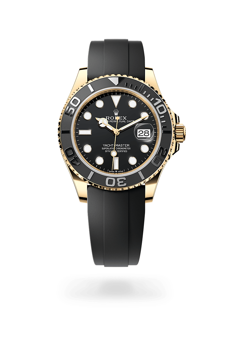 Rolex Yacht-Master 42 in yellow gold with an Black dial, Bidirectional rotatable 60-minute graduated bezel with matt black Cerachrom insert in ceramic, polished raised numerals and graduations bezel, and Oyster bracelet